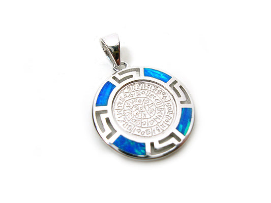 Phaistos Disc silver pendant from Greece with blue opal stones and the Greek key measuring 19mm.