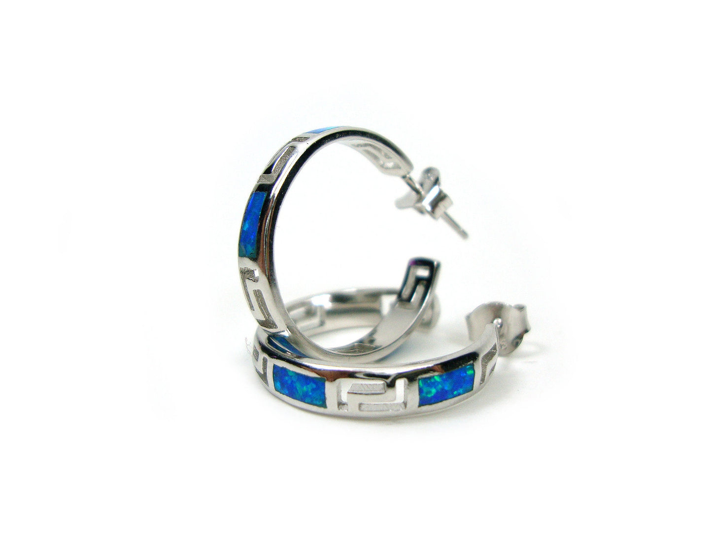 Sterling Silver 925 Greek Key Hoop Earrings 21mm, Fire Rainbow Blue Opal Hoops Earrings, Meander Design Opal Earrings, Greek Opal jewelry