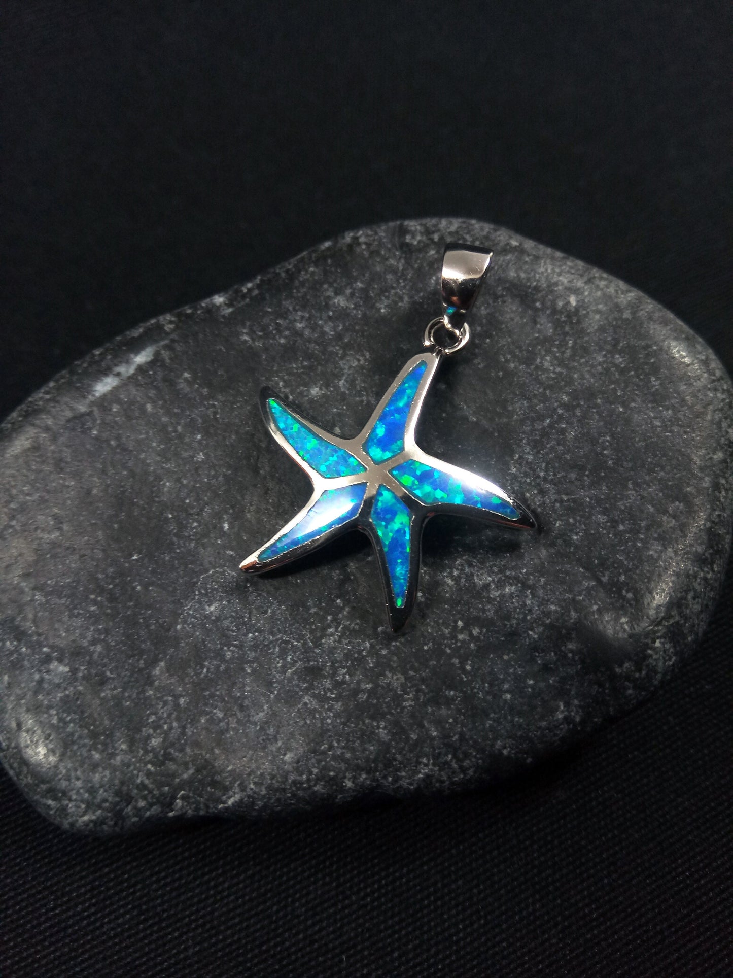 Sterling Silver 925 Starfish Fire Rainbow Blue Opal 23x23mm, Greek Starfish Blue Opal Pendant, Griechisches Silber Anhanger Seestern Schmuck