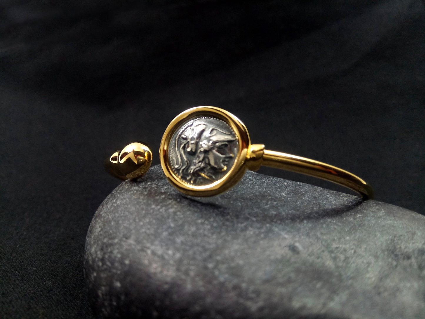 Sterling Silver 925 Goddess Athena Gold Plated 22K Bitone Bangle Greek Coin Bracelet, Greek Silver Bracelet, Alexander The Great Bracelet