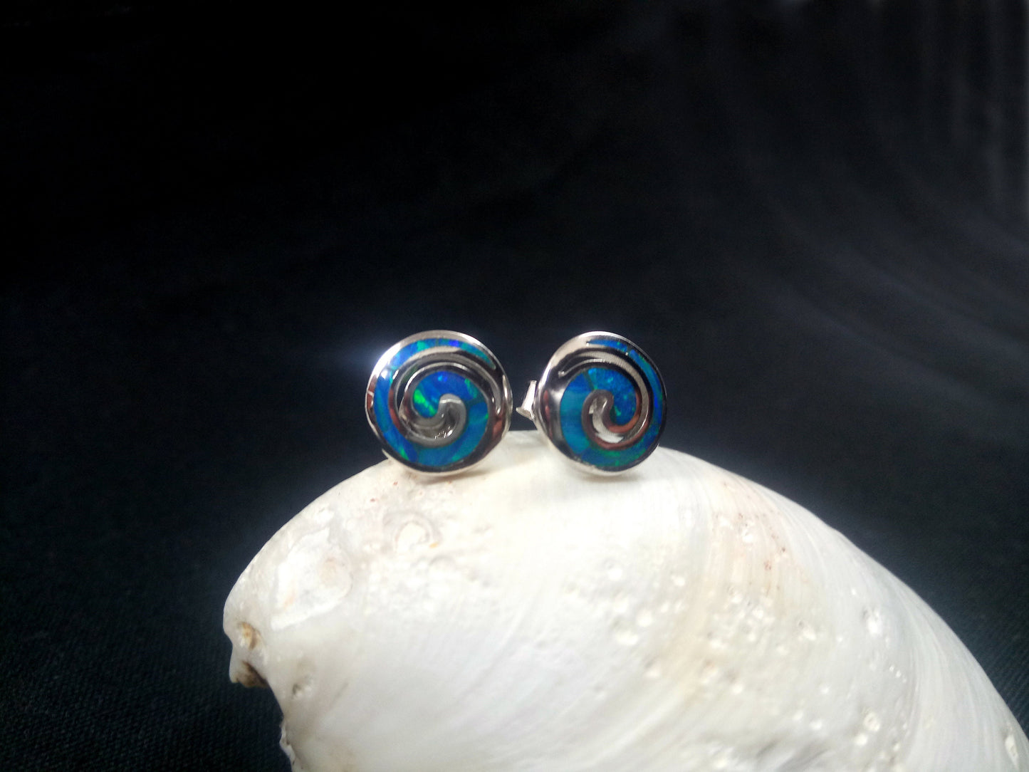 Sterling Silver 925 Greek Spiral Fire Blue Opal Stud Earrings 10mm, Greek Opal Spiral Earrings, Greek Jewelry, Griechischer Opal Ohrringe