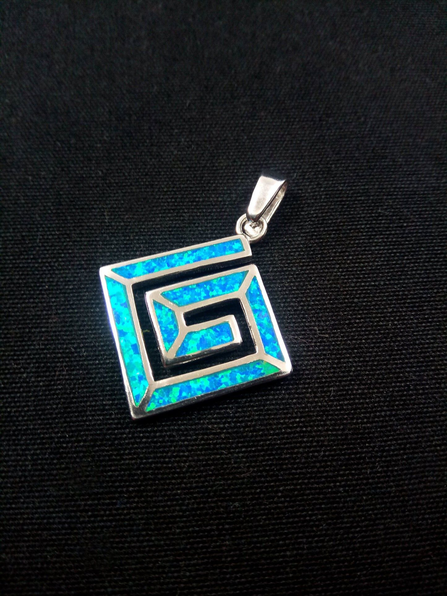 Greek Key Blue Opal Square Silver Pendant 20x20mm