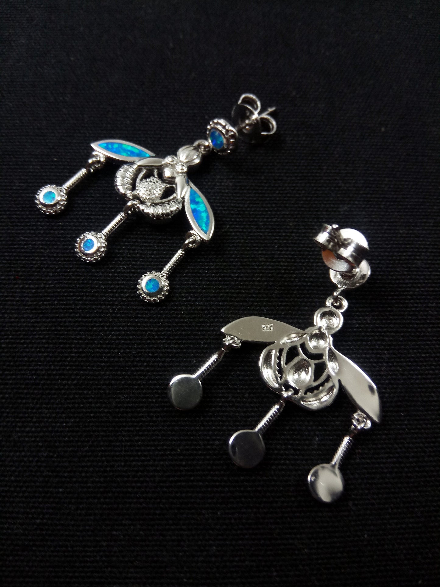 Sterling Silver 925 Ancient Greek Malia Minoan Bees Fire Rainbow Blue Opal Dangle Earrings 22x30mm, Greek Opal Earrings, Bijoux Grecque