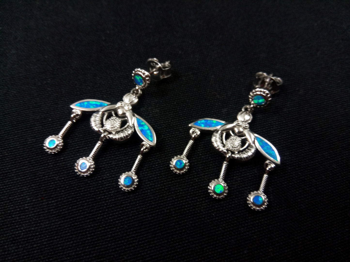 Sterling Silver 925 Ancient Greek Malia Minoan Bees Fire Rainbow Blue Opal Dangle Earrings 22x30mm, Greek Opal Earrings, Bijoux Grecque