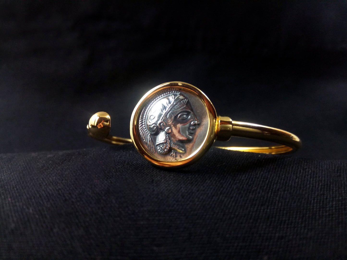 Sterling Silber 925 Göttin Athene vergoldet Bitone Armreif griechische Münze 21 mm Armband, griechisches Silberarmband, Alexander der Große Armband