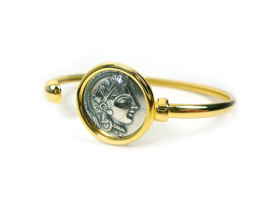 Sterling Silver 925 Ancient Greek Goddess Athena Greek Tetradrachm Coin Gold Plated Bangle Bracelet, Griechisches Armreif, Bracelet grec