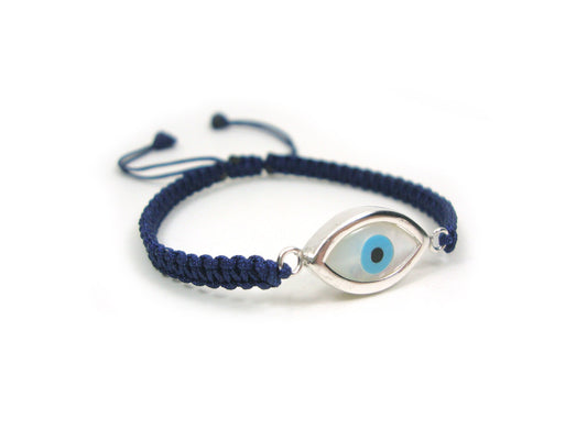 Sterling Silver 925 Greek Evil Eye Shape Good Luck 10mm Handmade Adjustable Macrame Blue Bracelet , Griechisches Armband, Bijoux Grecque