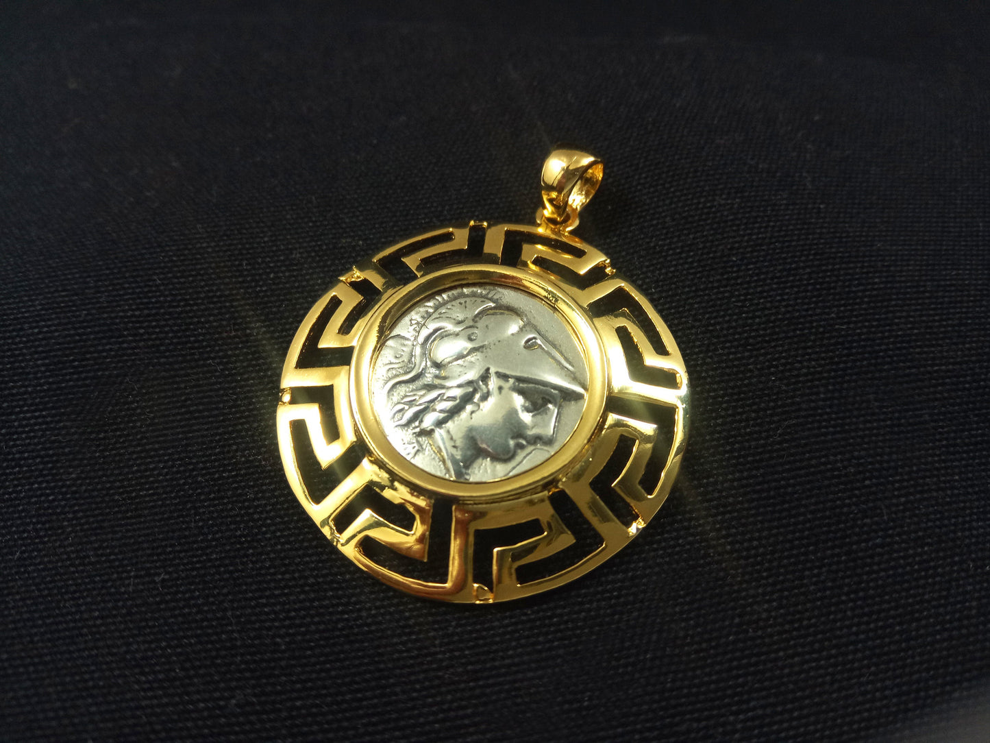 Sterling Silver 925 Meander Greek Key & Goddess Athena Gold Plated 32mm Pendant, Greek Pendant, Griechische Vergoldete Anhanger Schmuck