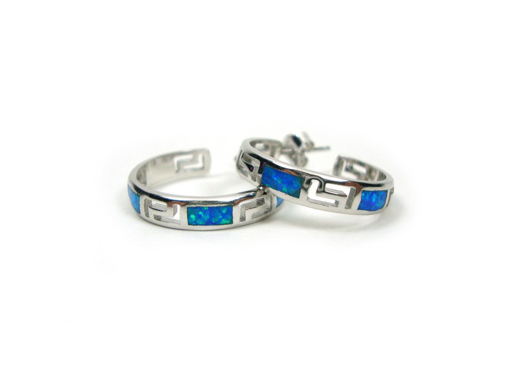 Solid 925 Sterling Silver Hoops outlets Earrings with Blue Fire Opal Inlay 1-1/4'' wide 31mm