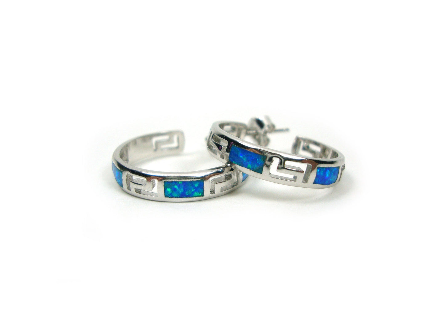 Sterling Silver 925 Greek Key Hoop Earrings 21mm, Fire Rainbow Blue Opal Hoops Earrings, Meander Design Opal Earrings, Greek Opal jewelry