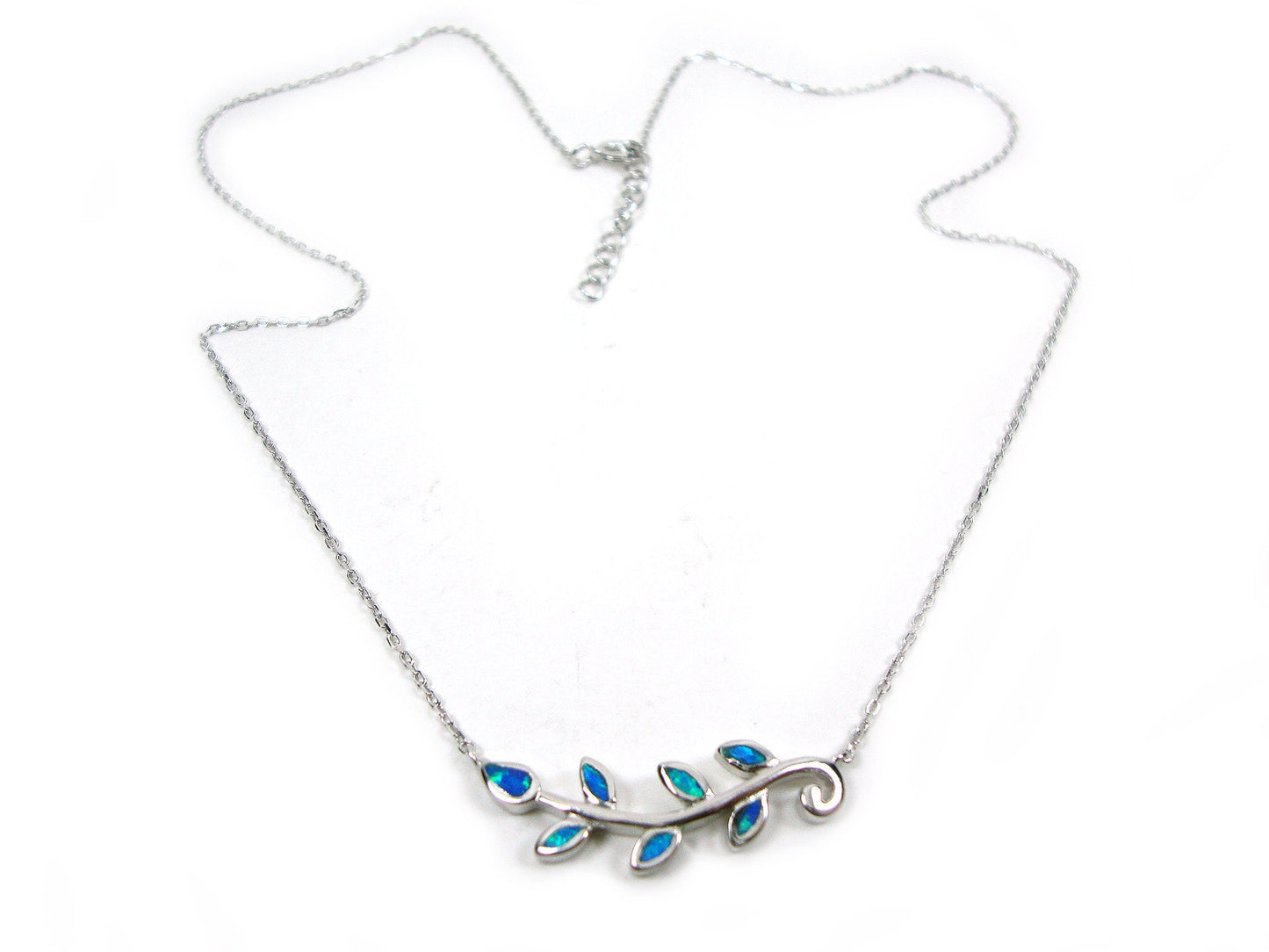 Sterling Silber 925 blauer Opal griechische Olivenblätter Anhänger &amp; Kette Halskette, antike griechische Blattblätter Opal Anhänger, Olivenblätter Halskette
