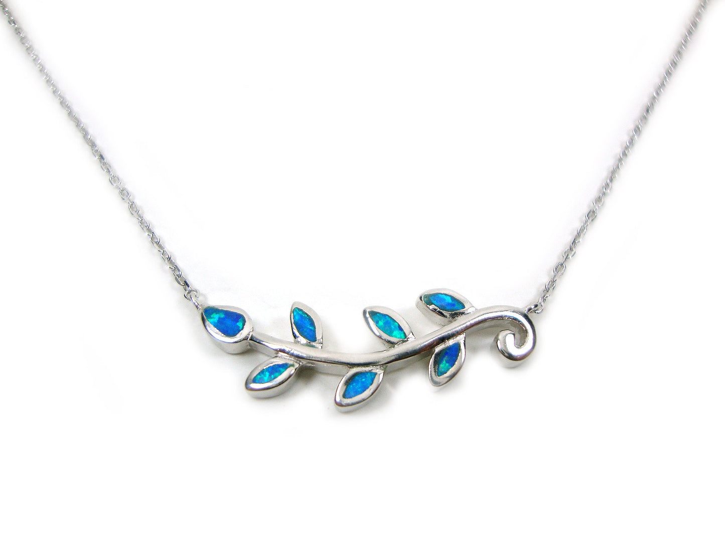 Sterling Silver 925 Blue Opal Greek Olive Leaves Pendant &amp; Chain Necklace, Ancient Greek Leaf leaves Opal Pendant, Olive Leaves Necklace