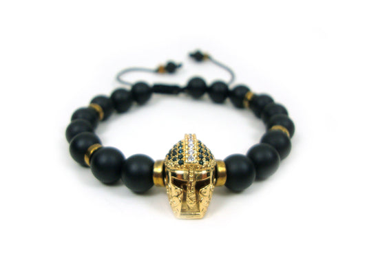 Greek Onyx Spartan Warrior Helmet Gold Plated Adjustable Bracelet, Matt Onyx Black Round Stones 8 mm Bracelet, Gladiator Helmet Bracelet