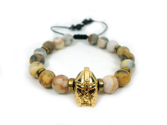 Bracelet réglable en plaqué or avec casque de guerrier spartiate en agate de ton de terre grecque, bracelet rond en pierres d'agate de 8 mm, bracelet souvenir de gladiateur