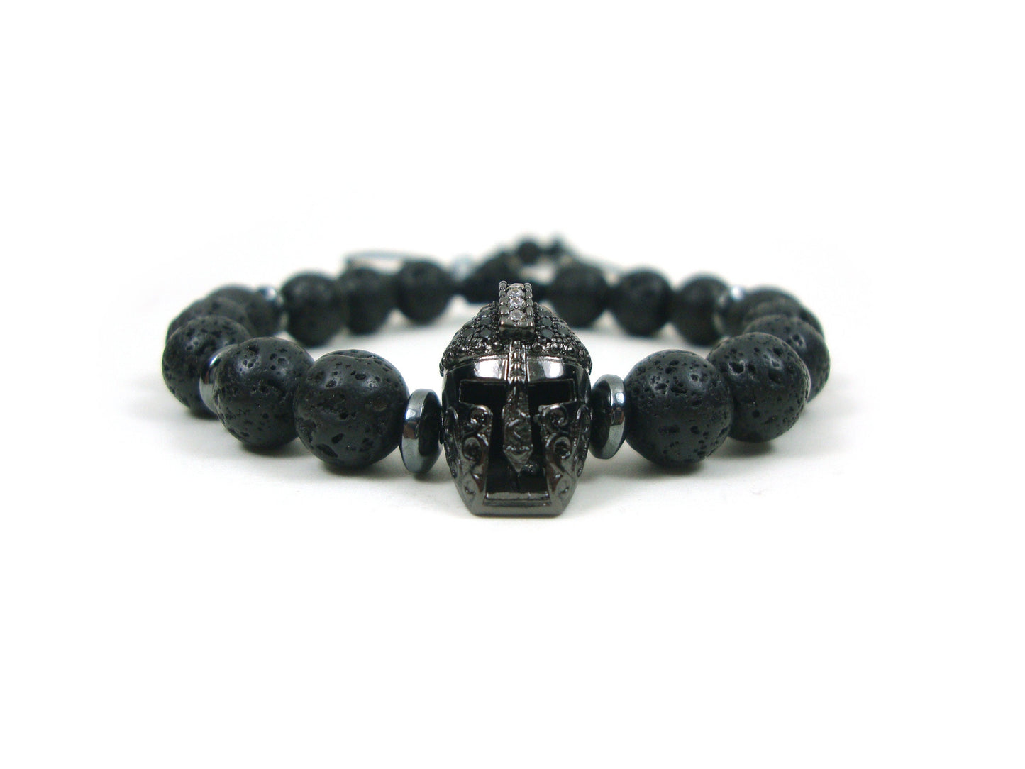 Bracelet réglable de casque de guerrier spartiate de lave grecque, bracelet de 8 mm de pierres rondes noires de lave volcanique, bracelet réglable de casque de gladiateur