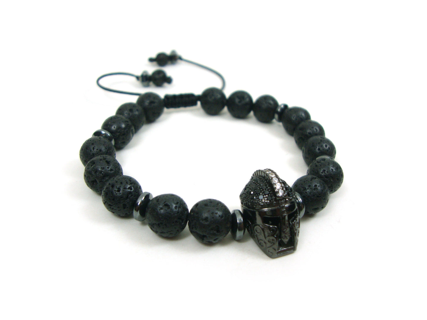 Bracelet réglable de casque de guerrier spartiate de lave grecque, bracelet de 8 mm de pierres rondes noires de lave volcanique, bracelet réglable de casque de gladiateur