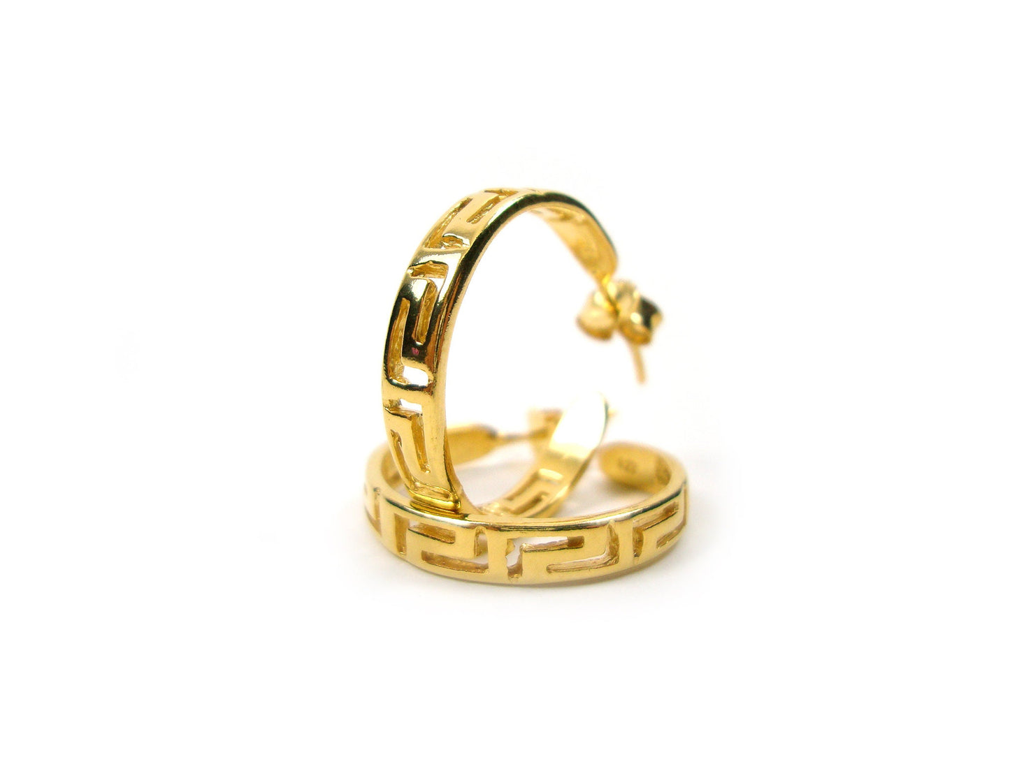 Sterling Silver 925 Greek Earrings , Greek Eternity Key Gold Plated Hoop Earrings 21mm , Griechische Ohrringe ,Boucles d'oreilles grecques