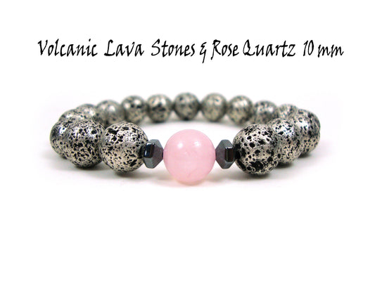Bracelet de 10 mm de pierres de lave de Santorin grecque volcanique naturelle et de quartz rose, pierres de lave de couleur argent, bracelet de lave, bracelet de lave pour hommes et femmes