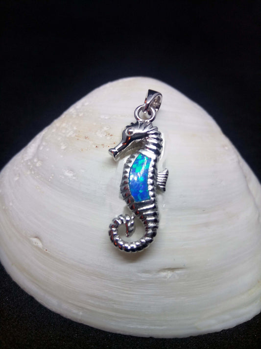 Sterling Silber 925 Seepferdchen 28x10mm Opal Pendant, SeahorseFire Opal Silver Pendant, Griechisches Blau Opal Anhanger, Grecque Pendetif