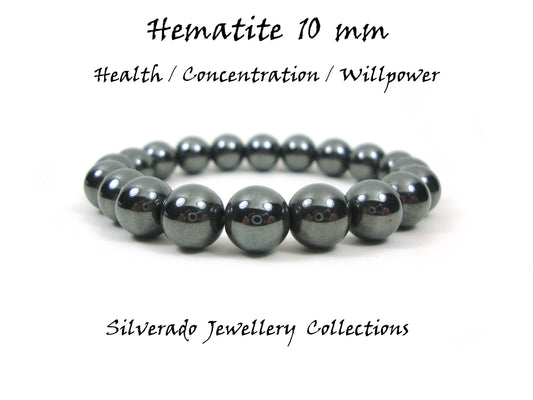 Gemstone Bracelet Natural Hematite Health Concentration Willpower Stones 10mm, Men Women Unisex Bracelet, Hematite Stretch Boho Bracelet