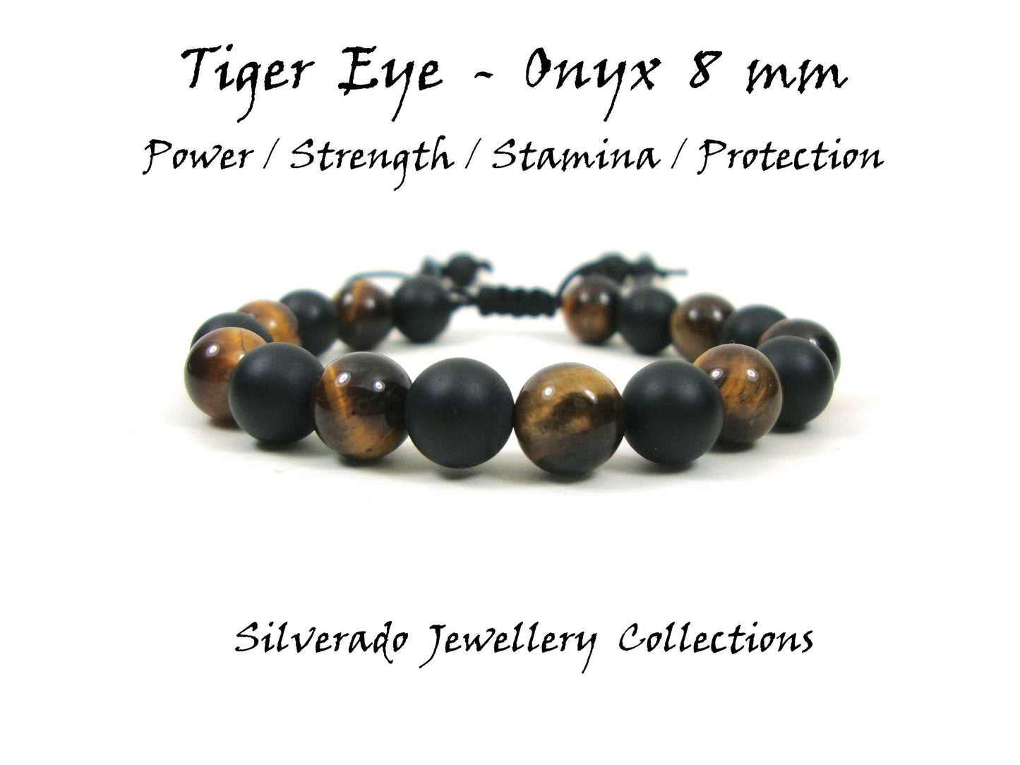Natürlicher Onyx &amp; Tigerauge Power Strength Stamina Stones 8mm Edelsteinarmband, Unisex-Armband für Männer und Frauen, schwarzes Onyx-Boho-Stretcharmband