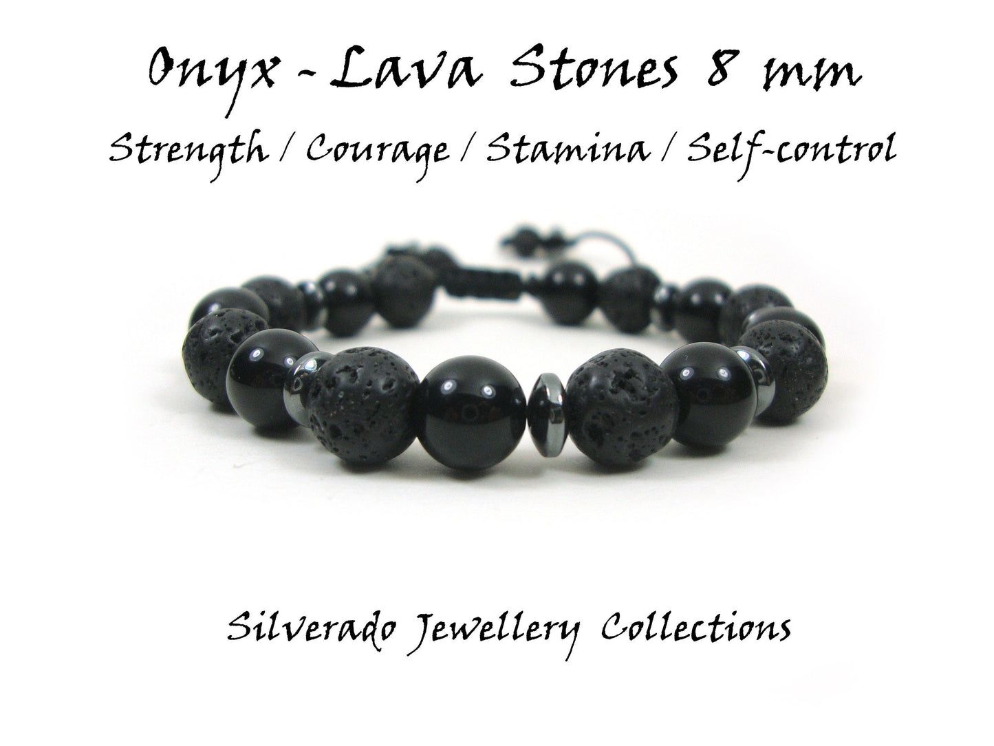 Natural Onyx Lava Power Strength Stamina Stones 8mm Gemstone Bracelet, Men Women Unisex Bracelet, Black Round Lava Boho Stretch Bracelet