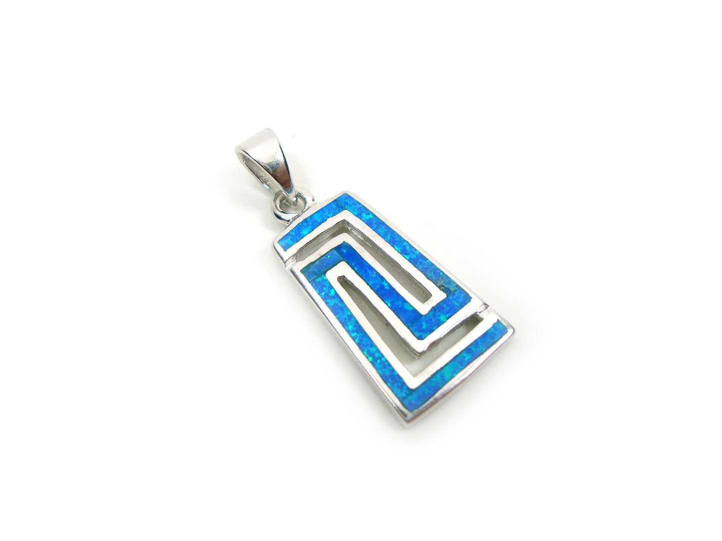 Sterling Silver 925 Greek Key Fire Blue Opal Cross Pendant 12x20mm, Meander Opal Pendant, Griechisches Opal Anhanger, Meander Greek Infinity