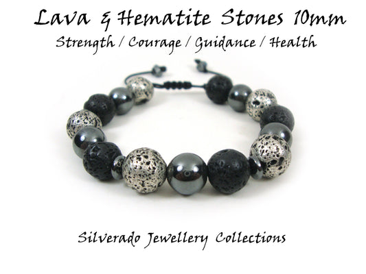 Natural Lava Hematite Power Strength Stamina Stones 10mm Gemstone Bracelet, Men Women Unisex Bracelet, Black Round Lava Adjustable  Bracelet