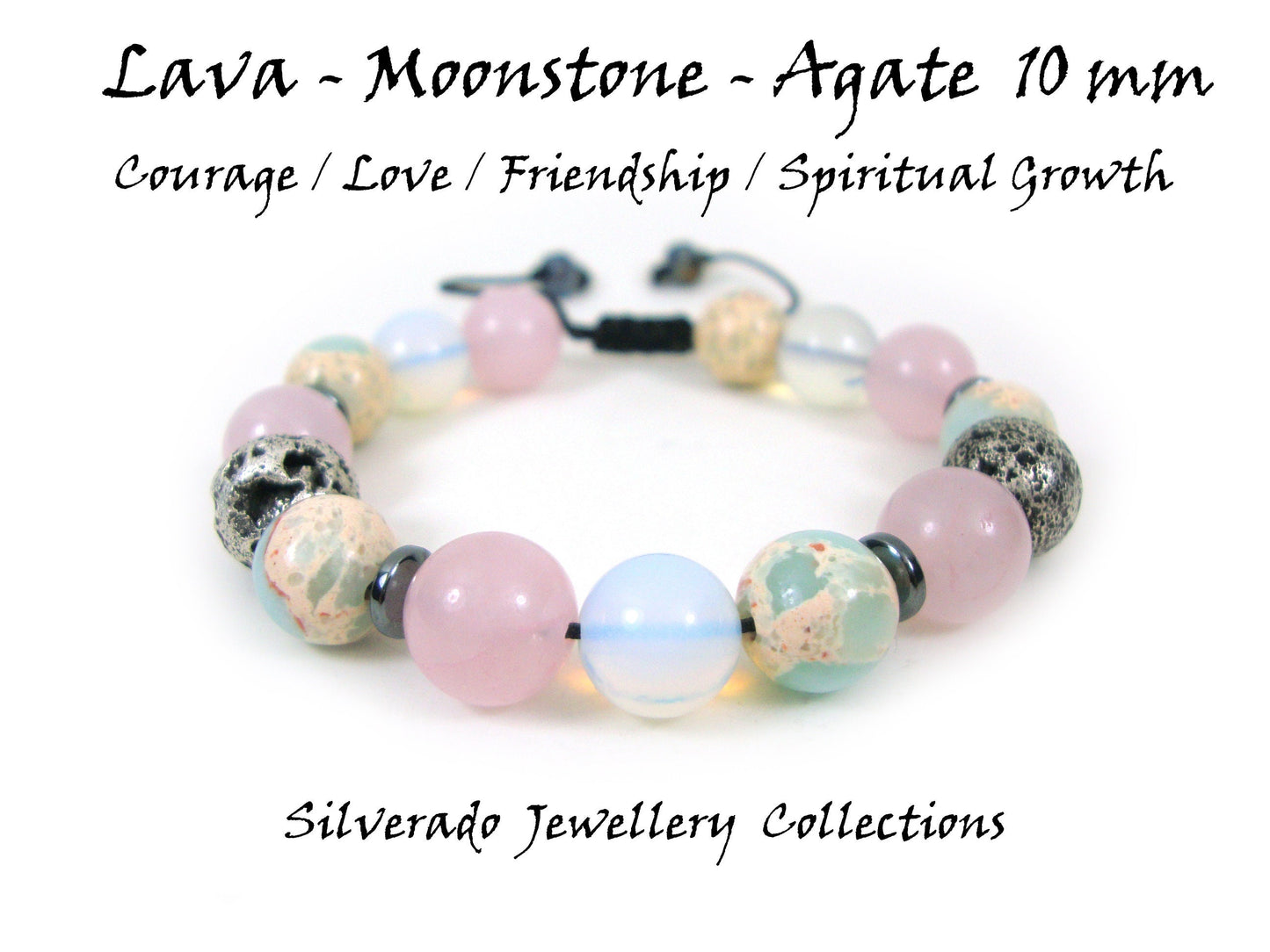 Natural Lava Moonstone Agate Love Friendship Spiritual Stones 10mm Gemstone Bracelet, Men Women Unisex Size, Adjustable Gemstone Bracelet