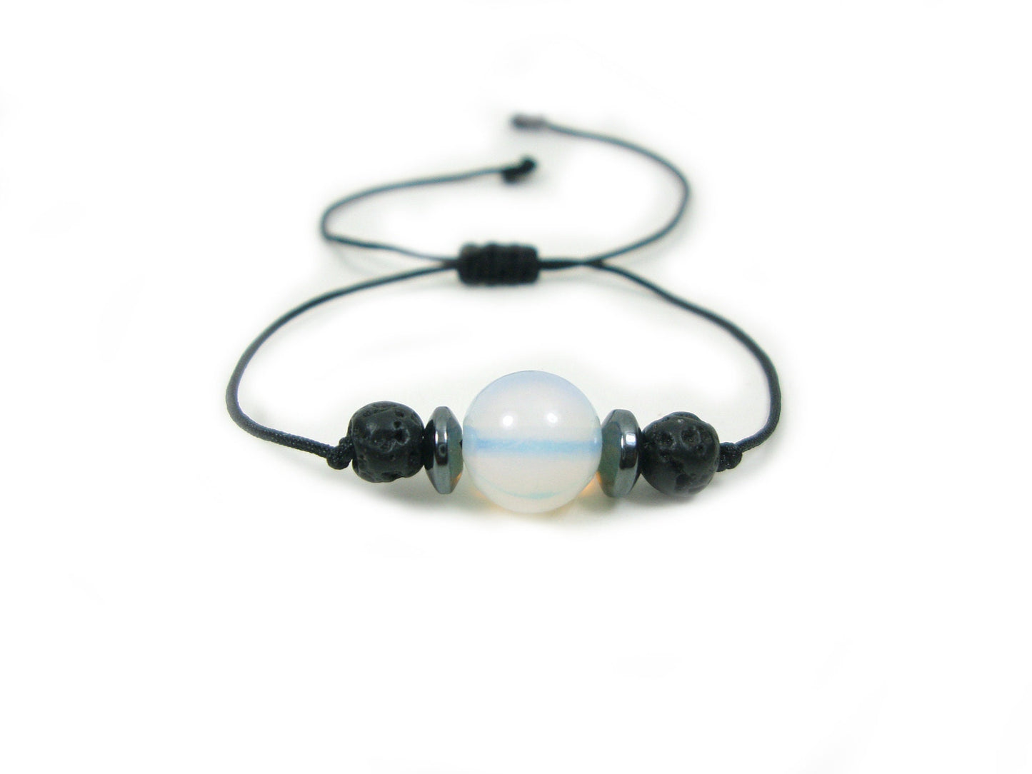 Santorini Lava &amp; Moonstone Stone Bracelet, Bracelet réglable de lave de corde, Bracelet de bijoux de lave unisexe hommes femmes, yoga de méditation