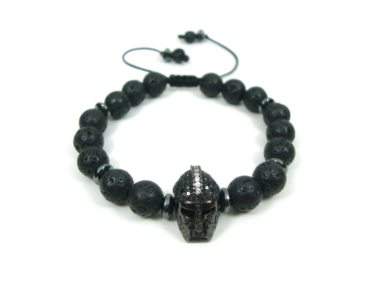 Bracelet réglable de casque de guerrier spartiate de lave grecque, bracelet de 8 mm de pierres rondes noires de lave volcanique, bracelet réglable de casque de gladiateur