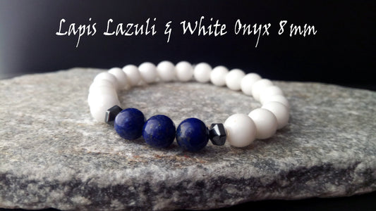 Lapis Lazuli Bracelet, White Onyx & Lapis Lazuli 8mm Stones Stretch Bracelet All Sizes, Lapis Bracelet, Onyx Bracelet, Men Women Onyx Lapis