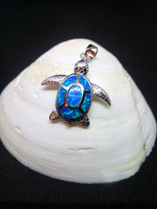 Sterling Silver 925 Sea Turtle 25x25mm Opal Pendant, Turtle Fire Opal Silver Pendant, Griechisches Blau Opal Anhanger, Grecque Pendetif
