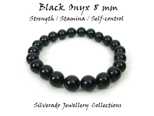 Gemstone Bracelet, Natural Onyx Greek Power Strength Stamina Black Stones 8mm, Men Women Unisex, Black Round Onyx Stretch Boho Bracelet