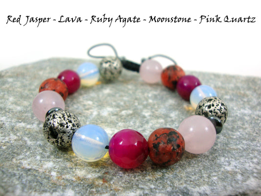 Bracelet de pierres précieuses naturelles de lave-rubis agate-moonstone-rose quartz-jaspe rouge 10 mm, bracelet unisexe hommes femmes, bracelet réglable de pierres précieuses