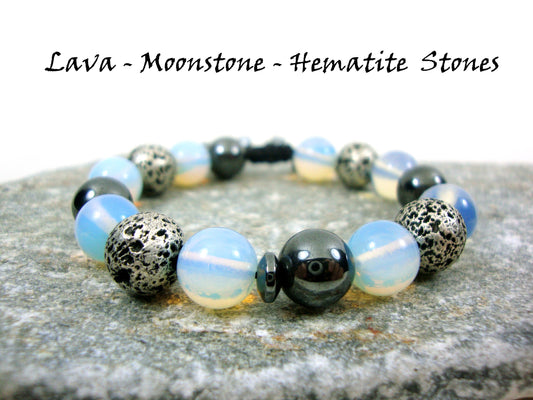 Natural Silver Color Volcanic Lava - Moonstone - Hematite 10mm Gemstone Bracelet, Men Women Unisex Bracelet, Gemstone Adjustable  Bracelet