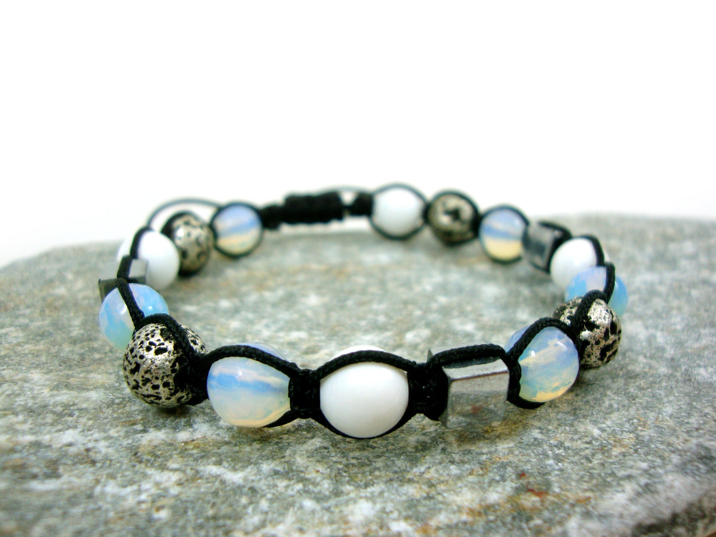 Natural Silver Color Volcanic Lava - Moonstone - Hematite-White Onyx 8mm Gemstone Bracelet, Men Women Unisex Bracelet, Shamballa  Bracelet