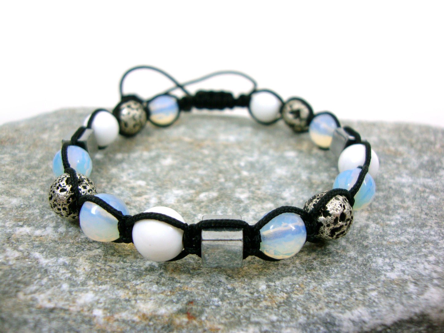 Natural Silver Color Volcanic Lava - Moonstone - Hematite-White Onyx 8mm Gemstone Bracelet, Men Women Unisex Bracelet, Shamballa  Bracelet