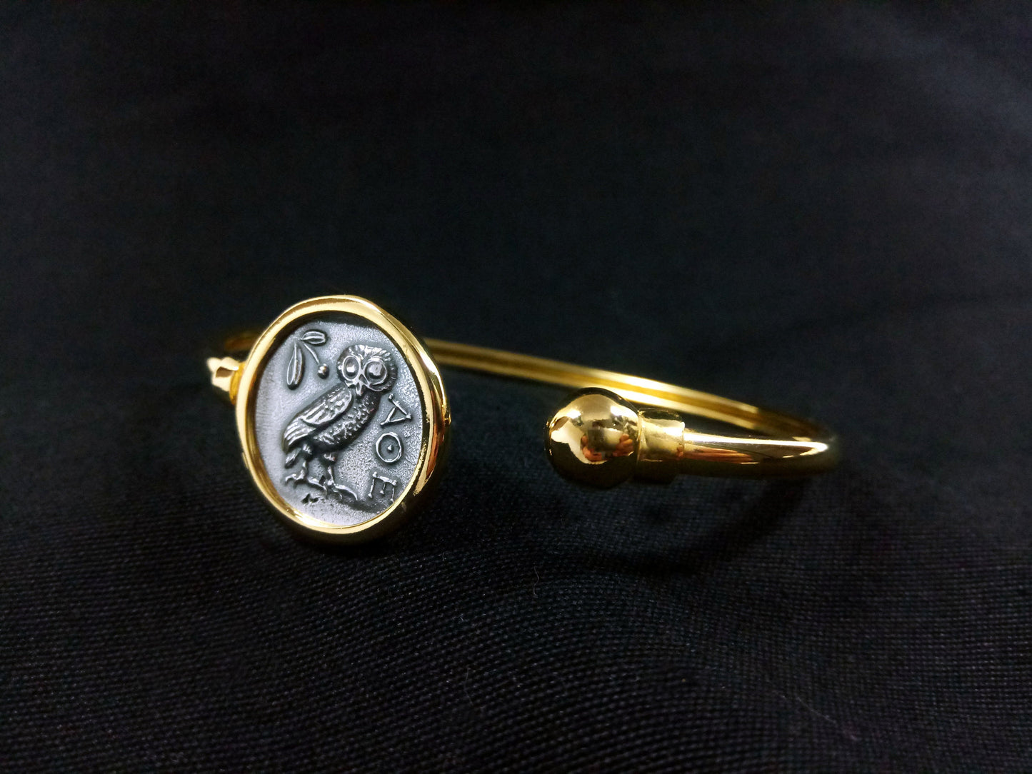 Sterling Silver 925 Owl Goddess Athena Gold Plated Bangle Greek Coin 21mm Bracelet, Greek Silver Bracelet, Alexander The Great Bracelet