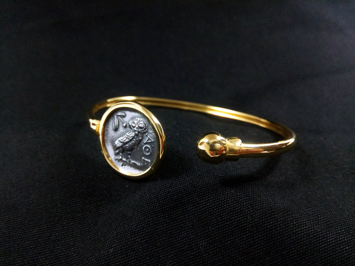 Sterling Silver 925 Owl Goddess Athena Gold Plated Bangle Greek Coin 21mm Bracelet, Greek Silver Bracelet, Alexander The Great Bracelet