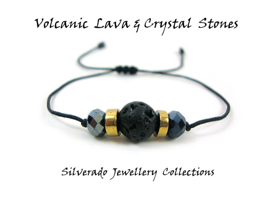 Vulkanische Lava &amp; Kristallsteine ​​​​verstellbares modernes Armband, Männer-Frauen-Armband, Meditation, entspannendes griechisches Lava-Armband, Geschenk für ihn, sie