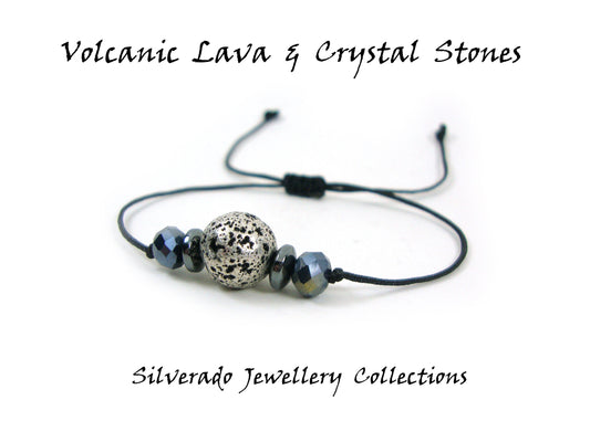 Vulkanisches Silber Farbe Lava &amp; Kristallsteine Verstellbares Armband, Unisex-Armband für Männer und Frauen, Meditation, entspannendes griechisches Lava-Armband, Geschenk