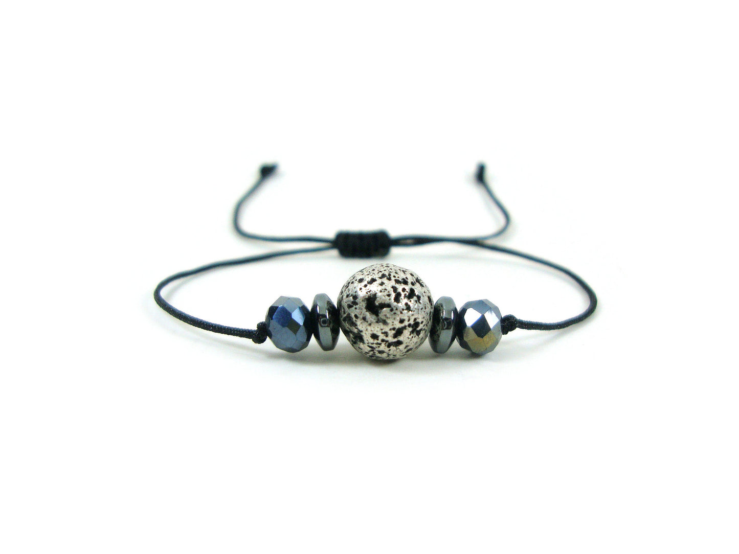 Bracelet réglable de pierres de lave et de cristal de couleur argent volcanique, bracelet unisexe d'hommes femmes, cadeau de bracelet de lave grec relaxant de méditation