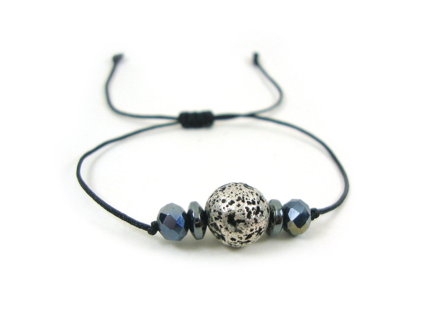 Volcanic Silver Color Lava & Crystal Stones Adjustable Bracelet, Men Women Unisex Bracelet, Meditation Relaxing Greek Lava Bracelet Gift