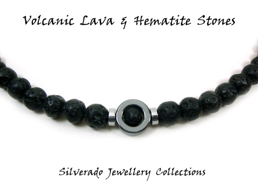 Volcanic Lava Santorini &amp; Hematite Greek Gradual Stones Necklace, Collier de lave, Lava Stein Kette, 40-45-50-55-60 cm, 16-18-20-22-24 pouces