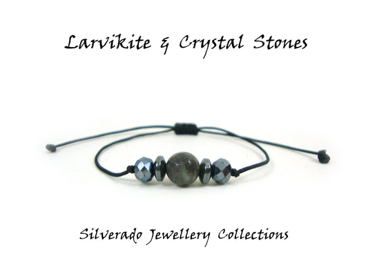 Natural Larvikite & Crystal Stones Adjustable Modern Cord Bracelet, Men Women Bracelet, Modern Trendy Greek Larvikite Bracelet Gift Him Her