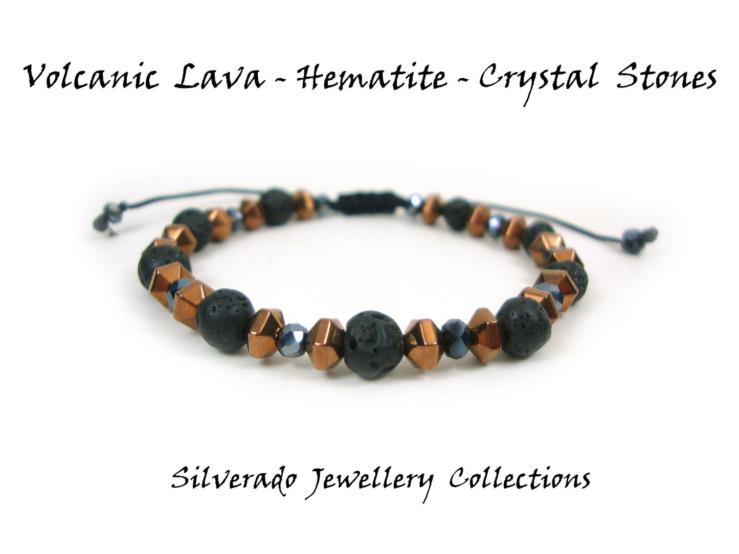 Vulkanische Lava – Kristall – Hämatit-Steine ​​Edelstein verstellbares Armband, Unisex-Armband für Männer und Frauen, schwarzes rundes Lava-Boho-Makramee-Armband