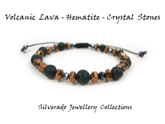 Volcanic Lava - Crystal - Hematite Stones Gemstone Adjustable Bracelet, Men Women Unisex Bracelet, Black Round Lava Boho Macrame Bracelet