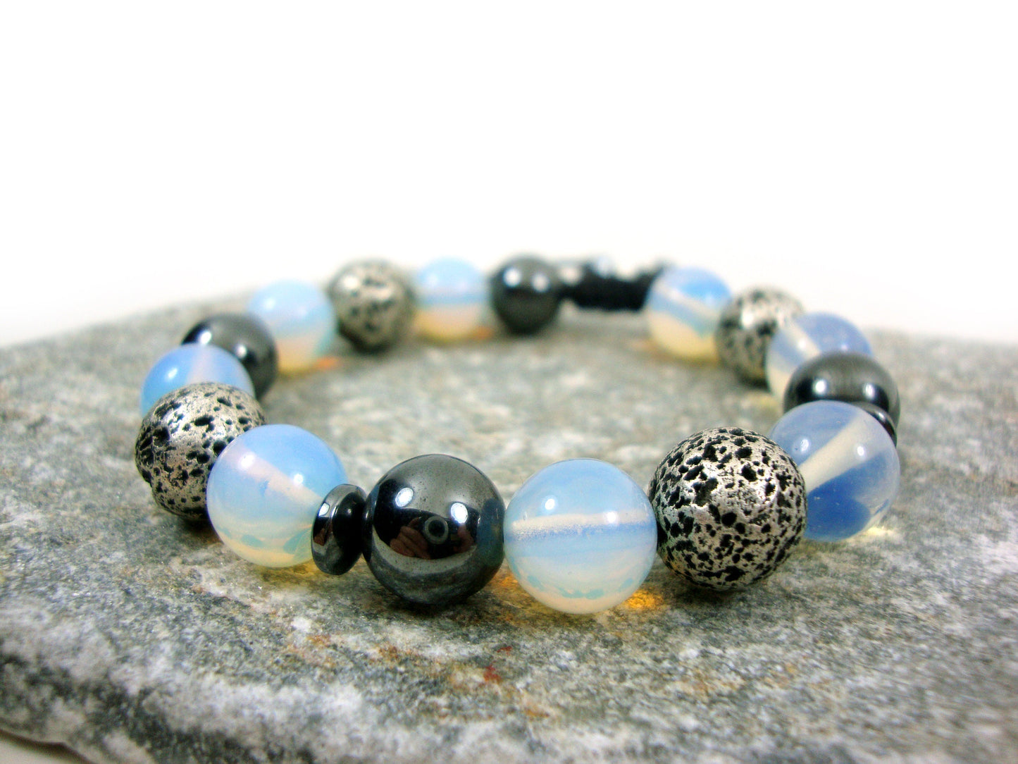 Natural Silver Color Volcanic Lava - Moonstone - Hematite 10mm Gemstone Bracelet, Men Women Unisex Bracelet, Gemstone Adjustable  Bracelet
