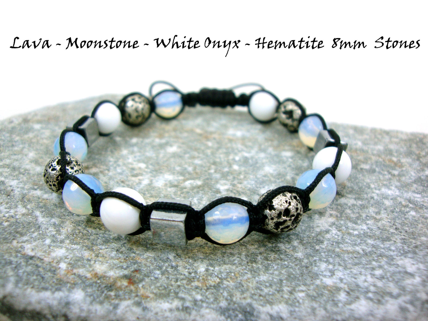 Natural Silver Color Volcanic Lava - Moonstone - Hematite-White Onyx 8mm Gemstone Bracelet, Men Women Unisex Bracelet, Shamballa  Bracelet